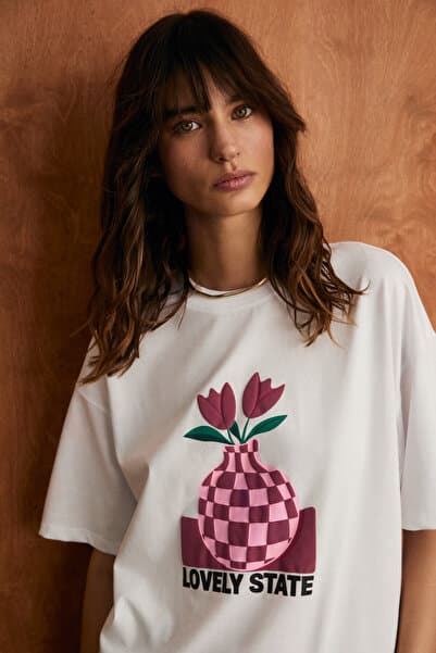 GRIMELANGE SPRINE Kadın Yumuşak Kumaşlı %100 Pamuklu Baskılı Regular Beyaz T-Shirt