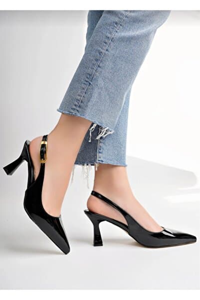 Kırmızı Topuk Kadın Siyah Rugan Slingback Stiletto Ayakkabı Sivri Burun Kısa Topuklu Şık Ayakkabı