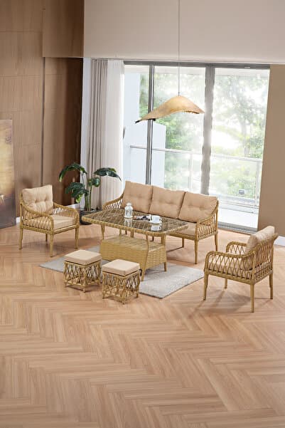 Evdemo Joy Rattan Puflu Bahçe Balkon Takımı 3+1+1+Camlı Masa Cappuccino