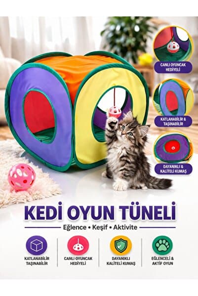 HAYHAYPETSHOP Kedi Oyun Tüneli Katlanabilir Oyuncaklı Kedi Çadır Tünel Eğlenceli Aktivite Oyuncağı (Top Hediyeli)