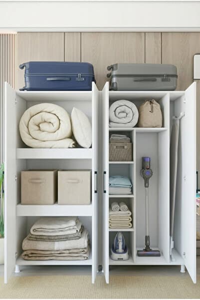 Yüklük Dolabı 4 Kapaklı Çift Bölüm Valiz Yorgan Nevresim Saklama Beyaz 170x170 Cm