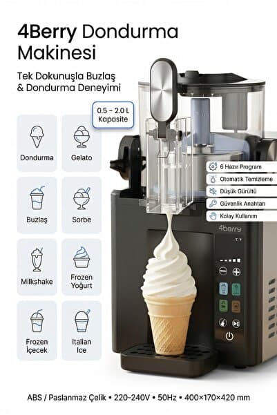 4 Berry Dondurma Makinesi - Buzlaş ve Frozen İçecek Yapıcı - 6 Mod Otomatik Temizleme 2 L Kapasite
