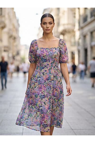 Apsen Collection Apsen Kadın Şifon Çiçek Desenli Kare Yaka Midi Elbise 4518-120