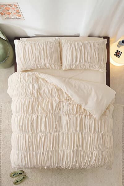 Büzgülü Çift Kişilik Bulut Beyazı Pamuklu Nevresim Seti