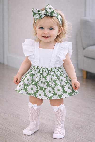 ŞAPKAKİDS Kız Çocuk Yeşil Papatya Desen Fırfırlı Slopet Bandana Beyaz File Çorap Set