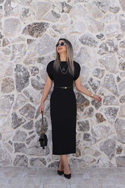 bytugcekaya Siyah Düz Kesim İnce Kemerli Elbise
