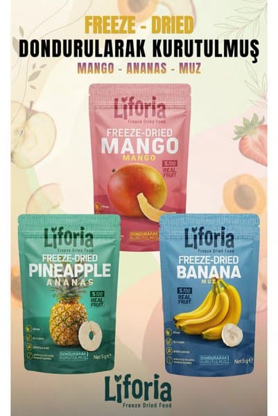 Liforia Dondurularak Kurutulmuş 3’lü Meyve Tadım Seti (Mango, Ananas, Muz) 5 gr x 3