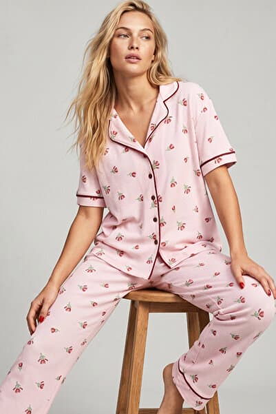 Siyah İnci pembe lale desenli Bürümcük-Krınkıl Kısa Kollu Düğmeli Biyeli Pijama Takım 7930