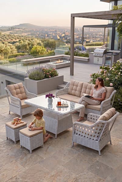 Canisa Akasya Serisi 1. Sınıf 3+1+1+2 Puf Beyaz Rattan Cappucıno Minder Bahçe Balkon Oturma Koltuk Takımı