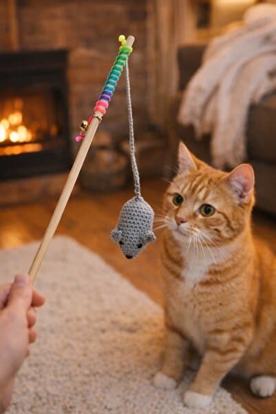 Be Cat Fare Örgü, Amigurumi Catnipli Oyuncaklı Çanlı Kedi Oltası Oyuncağı
