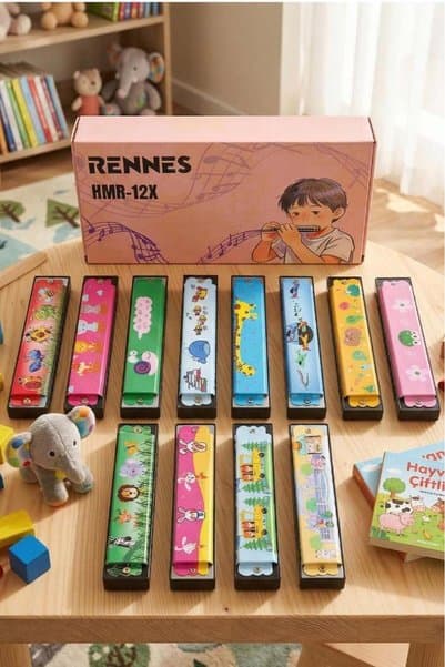 rennes HMR-12X 12'li Çocuklara Özel 16 Delikli Mızıka Seti Desenli