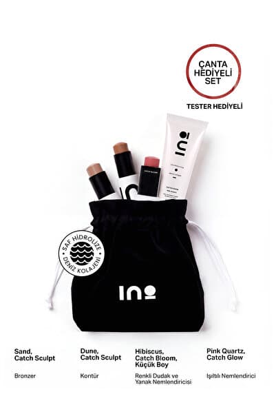 INO Beauty Dune Contour + Sand Bronzer + Pink Quartz Nemlendirici + Hibiscus & Allık 4,5Gr + Makyaj Çantası