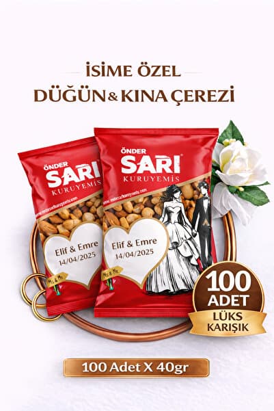 Önder Sarı Kuruyemiş Lüks Karışık Düğün Ve Kına Çerezi Kişiselleştirebilir Kuruyemiş Paketi 40 gr X 100 Adet