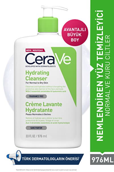 CeraVe Normal ve Kuruya Dönük Ciltler için Seramid & Hyalüronik Asit İçeren Nemlendiren Temizleyici 976 ML