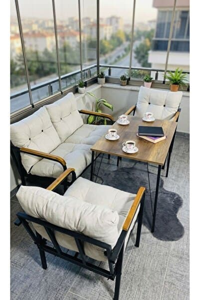 Madame Home Krem Balkon, Bahçe,Teras,Cafe - Salon - Metal Kanepe Koltuk Takımı - 2+1+1 + Masa