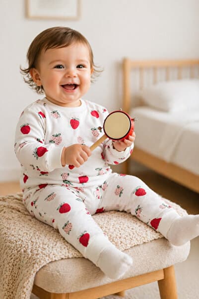 Mai Perla Kız Bebek Çilek Desenli Organik Pamuklu İkili Takım Uzun Kollu Alt Üst Set (0–24 Ay)