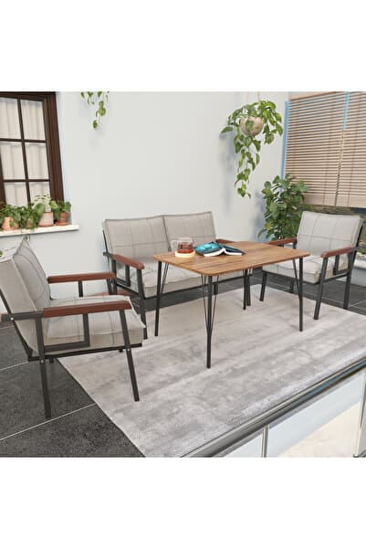 Mygusi Modern Balkon, Bahçe, Cafe - Metal Kanepe Koltuk Takımı - 2+1+1 60x90 cm Masalı - Krem