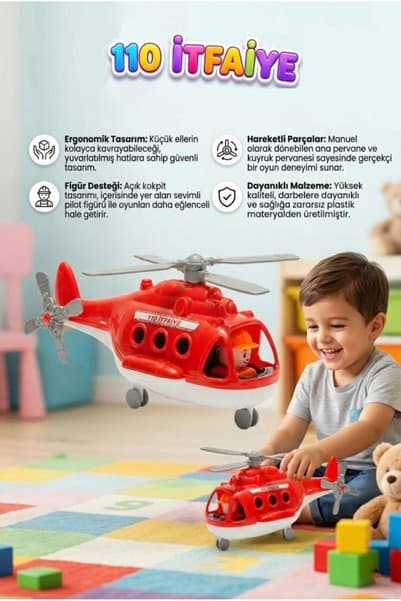 Tıfıl Toys Fileli Figürlü İtfaiye Temalı Helikopter Tekerlekli Döndürülebilir Pervaneli Oyuncak Hava Taşıtı