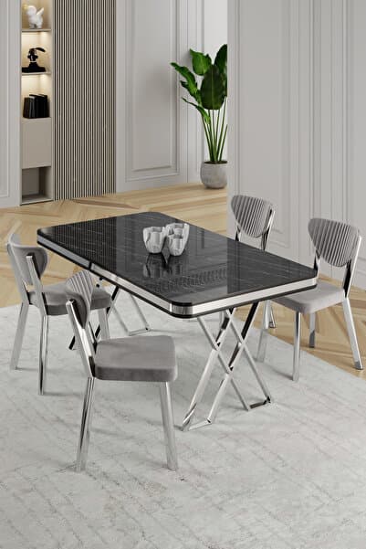 Canisa Raja Serisi 80x130 Lak Panel Siyah Mermer Desen Masa Takımı Krom Ayaklı 4 Sandalye