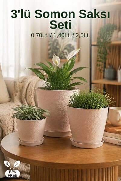 Nandy Home 3’lü Somon Saksı Seti 0,70 / 1,40 / 2,5 Lt Alt Tablalı Saksı