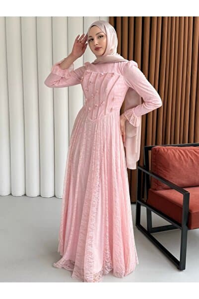 Modaensarbutik Mirella Dantel & Boncuk İşlemeli Korse Detaylı Tesettür Abiye-PEMBE