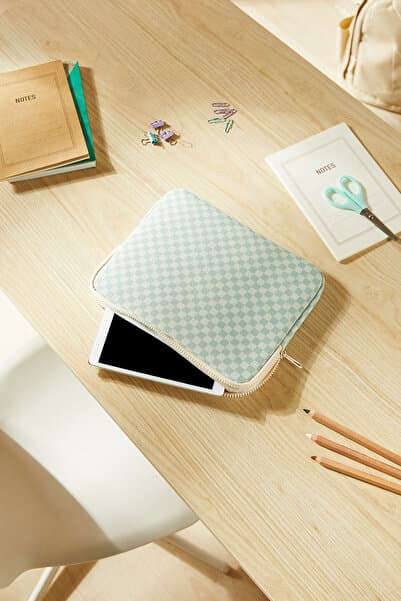 Ocean Home Textile Su İtici Leke Tutmaz Mint Dama Desen İpad Uyumlu Tablet Taşıma Çantası / Kılıfı 27x21x2