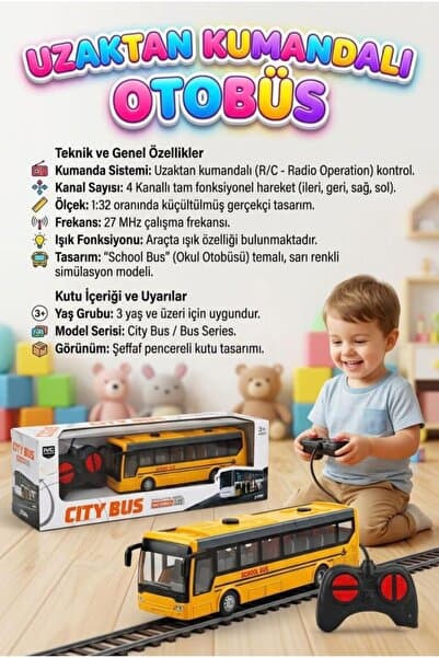 Tıfıl Toys Uzaktan Kumandalı 4 Fonksiyonlu Işıklı 27MHz 1:32 Ölçülü Detaylı Servis Tasarımlı Oyuncak Otobüs