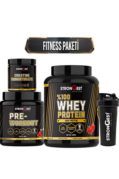 Strongest Nutrition Fitness Paketi, Çilek Aromalı Whey Protein, Creatin, Preworkout Ve Shaker Dörtlü Kombinasyon