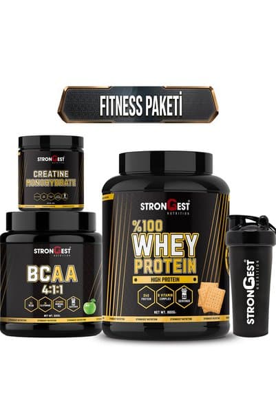 Strongest Nutrition Fitness Paketi, Bisküvi Aromalı Whey Protein, Creatin, Bcaa Ve Shaker Dörtlü Kombinasyon