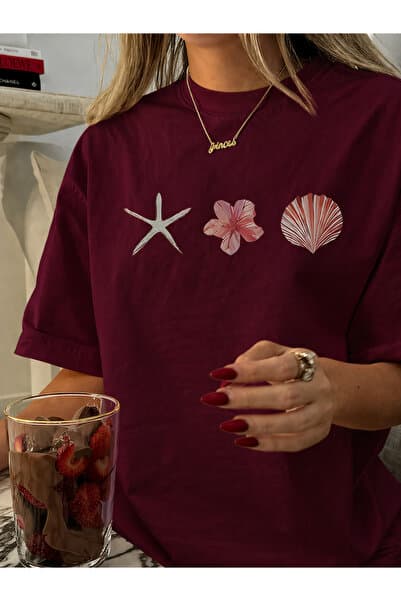 EYAX MODA İSTİRİDYE KABUKLAR BASKILI KADIN OVERSIZE TİŞÖRT / T-SHIRT