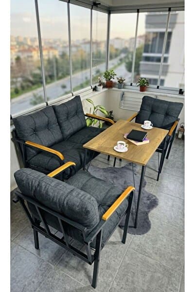 Madame Home Kadife Balkon, Bahçe,Teras,Cafe - Salon - Metal Kanepe Koltuk Takımı - 2+1+1 + Masa