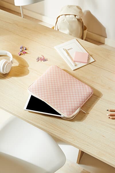 Ocean Home Textile Su İtici Leke Tutmaz Pembe Dama Desen İpad Uyumlu Tablet Taşıma Çantası / Kılıfı 27x21x2