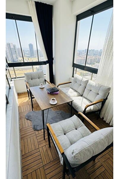 Madame Home Gri Kadife Balkon, Bahçe,Teras,Cafe - Salon - Metal Kanepe Koltuk Takımı - 2+1+1 + Masa