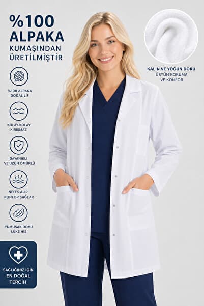 Raven Uniform Uzun Kol Beyaz Unisex Önlük Ceket Boy Apaş Yaka Hemşire Doktor Öğretmen Önlüğü