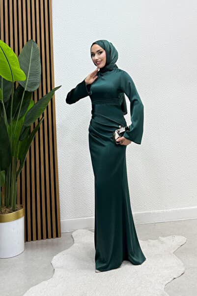 Tarzım Tuba Premium Yeşil Zara Saten Drapeli İspanyol Kol Tesettür Abiye