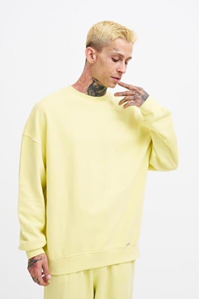 Machinist Erkek Yıkamalı Oversize Sweatshirt Açık Sarı