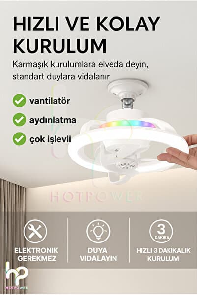 HOT POWER 360° Dönebilen E27 Tavan Vantilatörü Ampul LED Işık Uzaktan Kumandalı RGB Renkli Kısılabilir Vantila