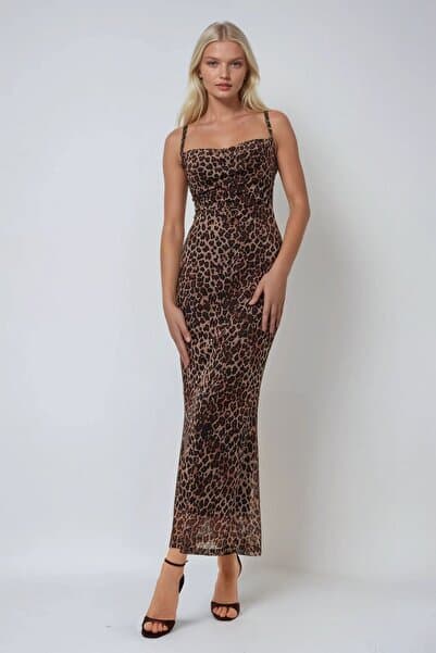 Hiccup Desenli Askılı Bodycon Maxi Elbise