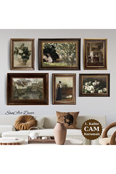 Sanart Vintage Çerçeveli Tablo, 6 Parça Çerçeveli Tablo, Çerçeveli Yağlı Boya Tablo Seti, Retro Tablolar