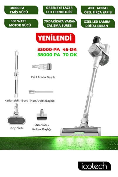 icotech F30 Max 38000 Pa 70 Dk GreenEye Lazer Teknoloji Şarjlı Dikey Süpürge