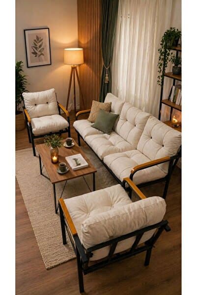 Madame Home Krem Balkon, Bahçe - Metal Kanepe Koltuk Takımı 3+1+1 + Sehpa