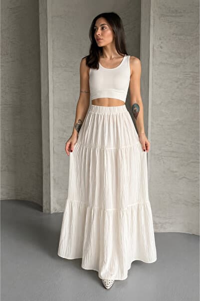 İLKCET MODA Büzgülü Katlı Beyaz Müslin Kumaş Uzun Etek