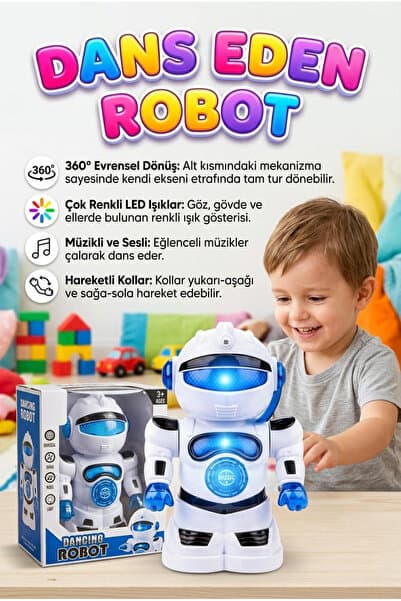 Tıfıl Toys 360 Derece Hareket Edebilen Dönen Kollu Hareketli Işıklı Müzikli Dans Eden Oyuncak Robot