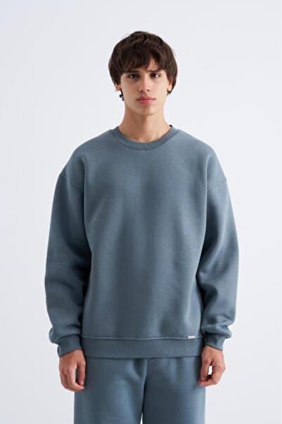 Machinist Erkek Basic Bisiklet Yaka Oversize Sweatshirt Mavi Duman