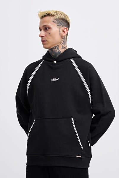 Machinist Erkek Crochet Embroidered Siyah Hoodie