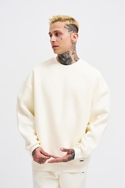 Machinist Erkek Basic Bisiklet Yaka Oversize Sweatshirt Ekru