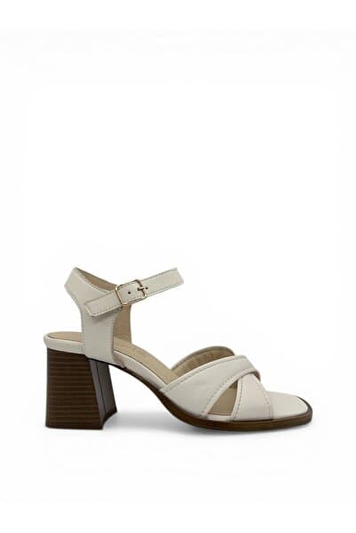 Vieris Shoes Kırık Beyaz Hakiki Deri Çapraz Bantlı Kalın Topuklu Casual Kadın Sandalet (012336)
