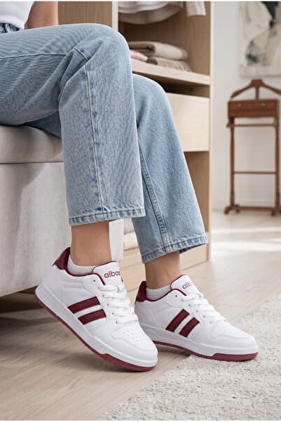 albasso 017 Rahat Tabanlı, Şerit Detaylı, Günlük Unisex Beyaz Bordo Sneaker Erkek Kadın Çocuk Spor Ayakkabı