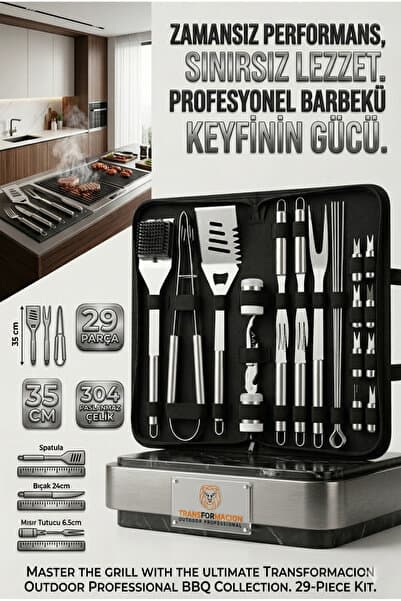 Transformacion Profesyonel Barbekü Seti 29 Parça Çantalı - Paslanmaz Çelik Mangal Aletleri Bıçak Tirbuşon 723133