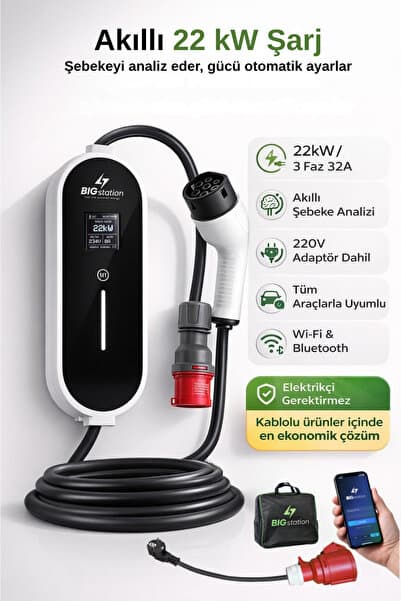 BIGstation 22kW Taşınabilir Akıllı EV AC Şarj Cihazı Wi-Fi Destekli 3 Metre Kablolu 22 kW